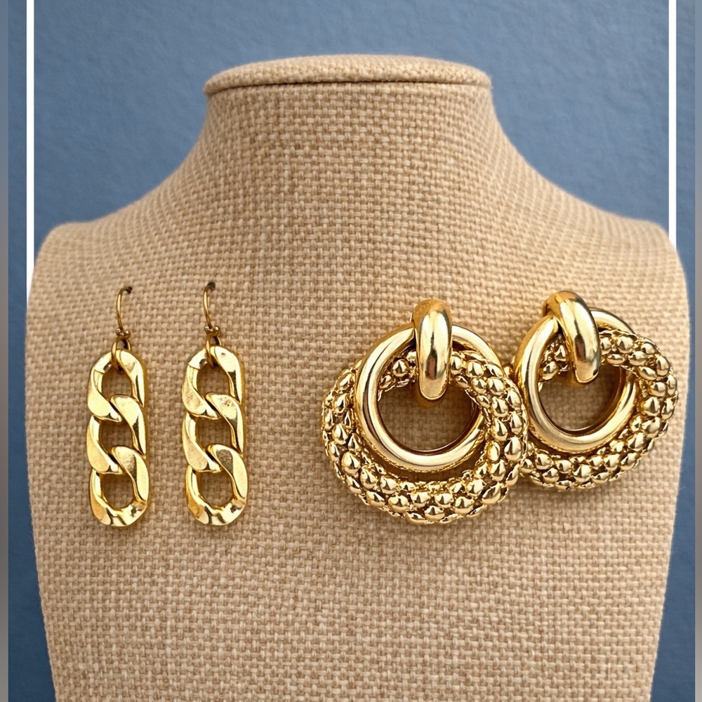 2 Pair Gold Statement Earrings Bundle | Chain Link + Hoop Set